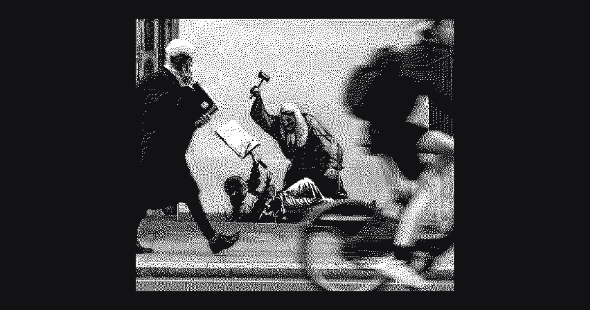 dithered image of a banksy street painting where a judge hammers a protester